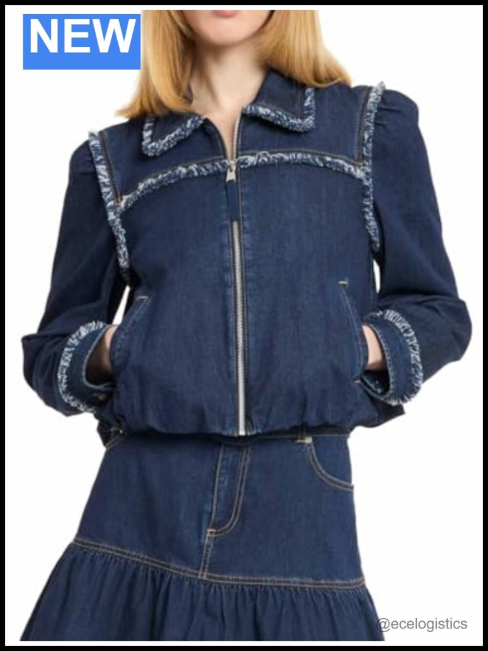 Fringe Trim Patchwork Denim Jacket with Spread Collar Long Sleeve Zip Front